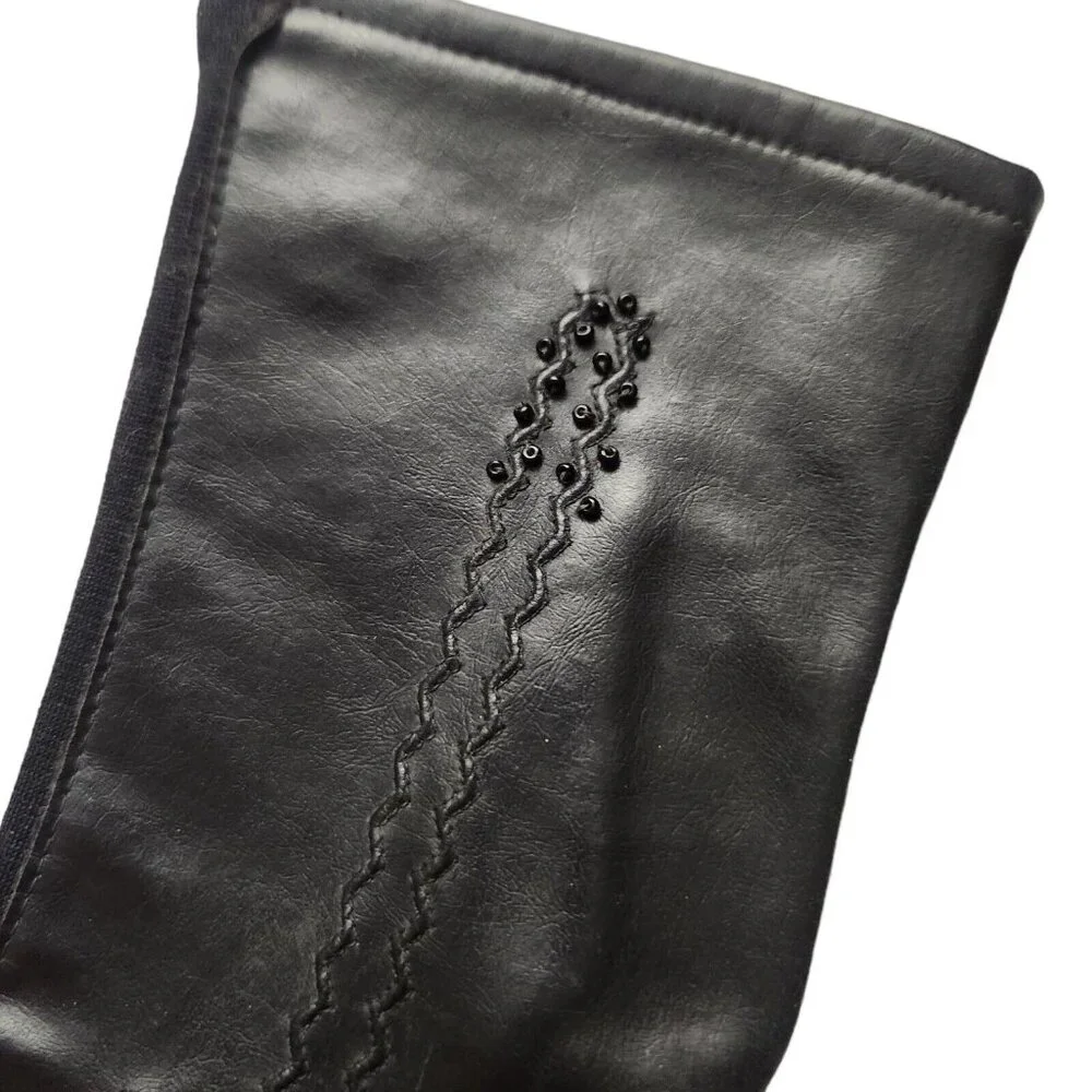 Vtg Made in Japan Black Beaded Vinyl Gloves Womens One Size Stretch Size 6.6-7